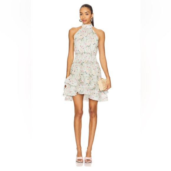 elliatt milena green floral halter fit & flare ruffle tiered mini dress small - Picture 1 of 9